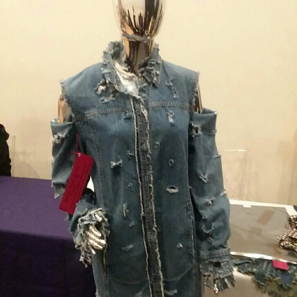 Jean Distressed Denim Cold Shoulder Dress Jacket - Picture 2 of 5